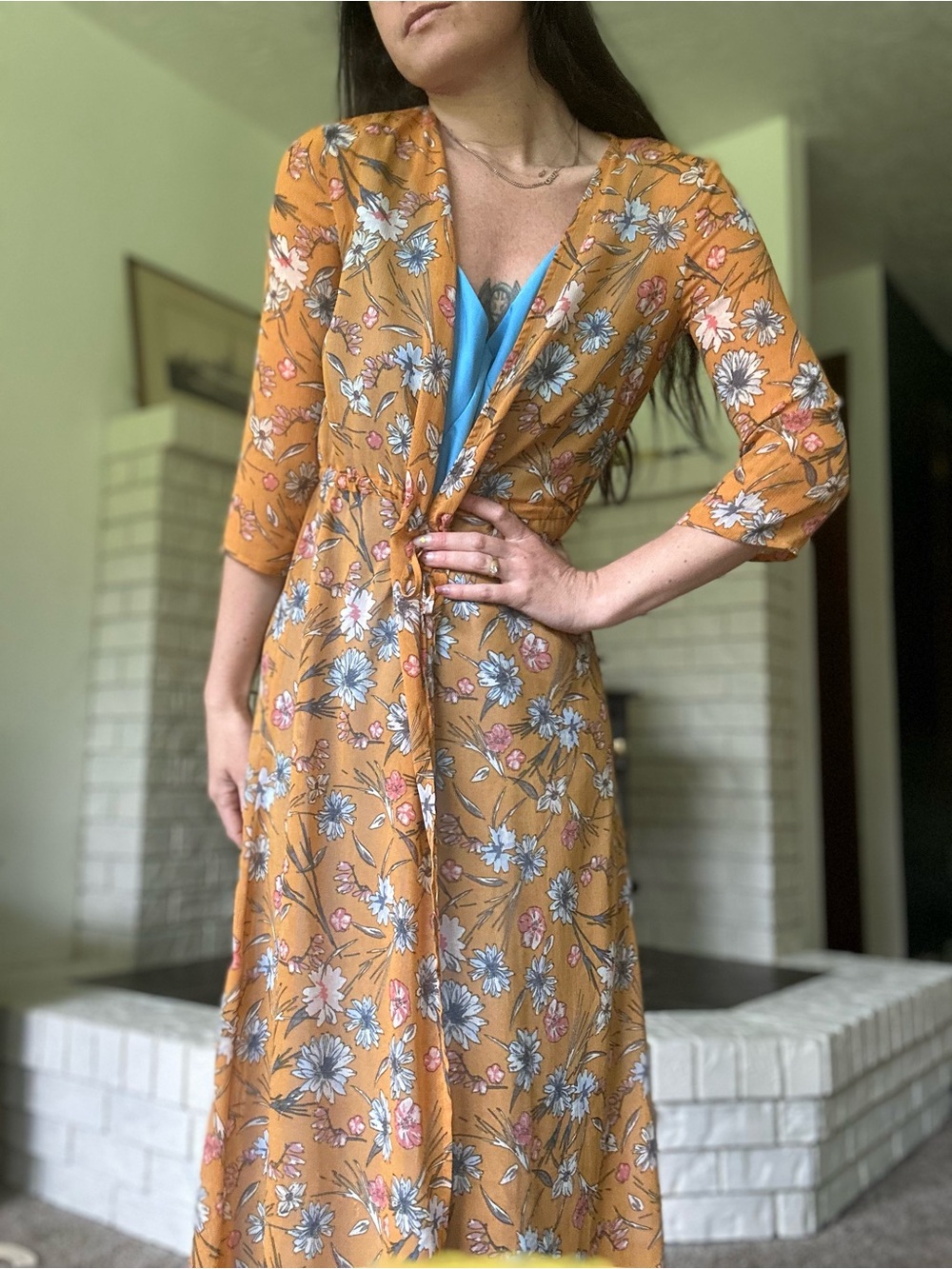Floral Wrap Midi Dress Wrap Kimono in Orange